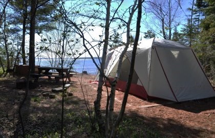 Six-person tent at Stockton Island, Presque Isle campsite five overlooking Lake Superior.