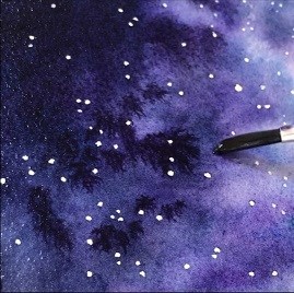 paintbrush creates dark blue sky, white dots as stars