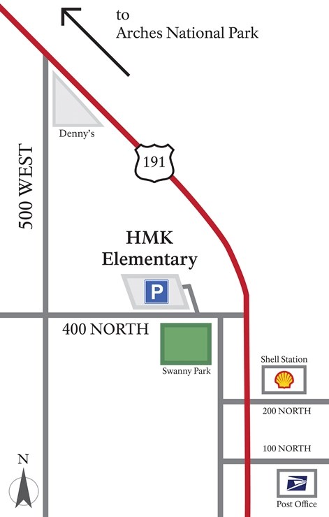 Location map of HMK Elementary with landmarks such as Shell gas station, the post office and Swanny Park. An arrow points Northwest towards Arches National Park.