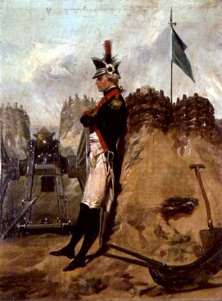 In this painting, Hamilton leans against a wall in military attire, crossing his arms. It is a profile and Hamilton is facing to the left.