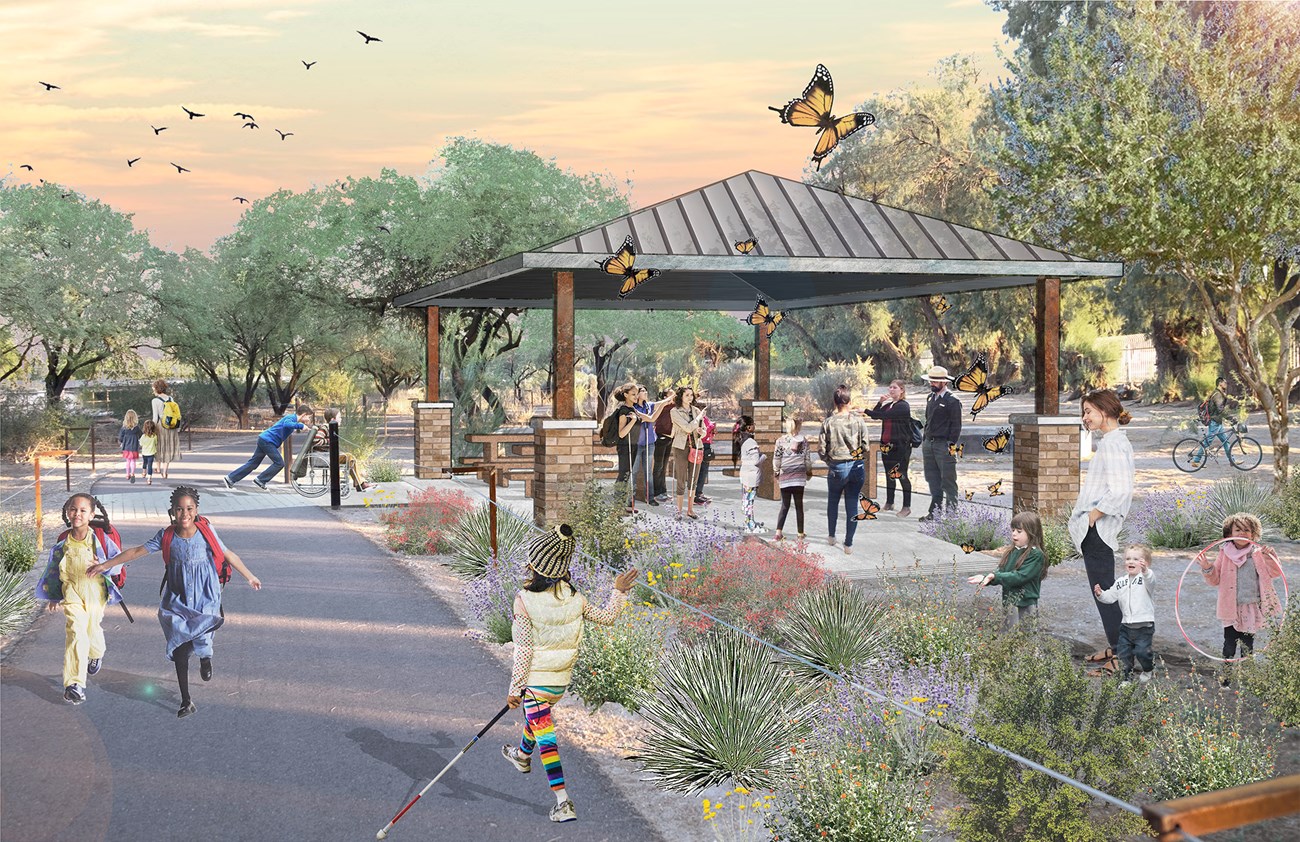 An artist’s rendering of the Anza Cultural History Park depicts uses of the future shaded outdoor classroom, newly installed posts and cable assist in wayfinding, by students and staff from Arizona School for the Deaf and Blind.