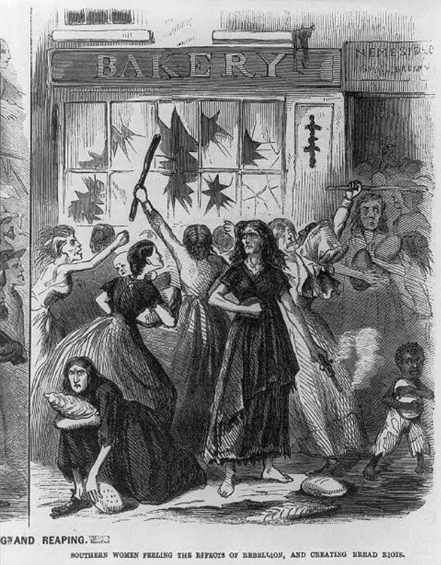 Illustration of women rioting and breaking windows in the street.