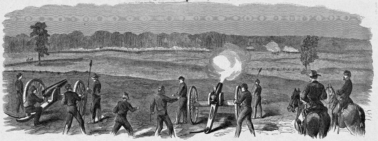 Artillery bombardment at Champion Hill, sketch by Theodore R. Davis, 1863 Row of soldiers in uniform operate two large canons with wheels, firing into grassy field at enemy line in distance. Two higher ranking soldiers look watch on horseback.