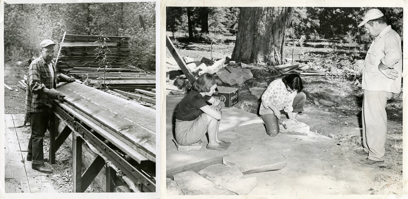 Two photos from the 1950s, the first shows a man in a flannel shirt and jeans moving a stack of boards. The second shows three people on a concrete foundation: a woman sits and chisels a stone, while another woman and man standing look all.