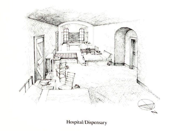 Artistic rendering of long stone room with arched ceilings and hospital beds