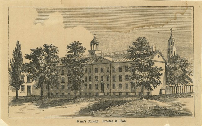 An ink drawing of a building with three stories and many windows. On the bottom is text that says Kings College, erected in 1756.