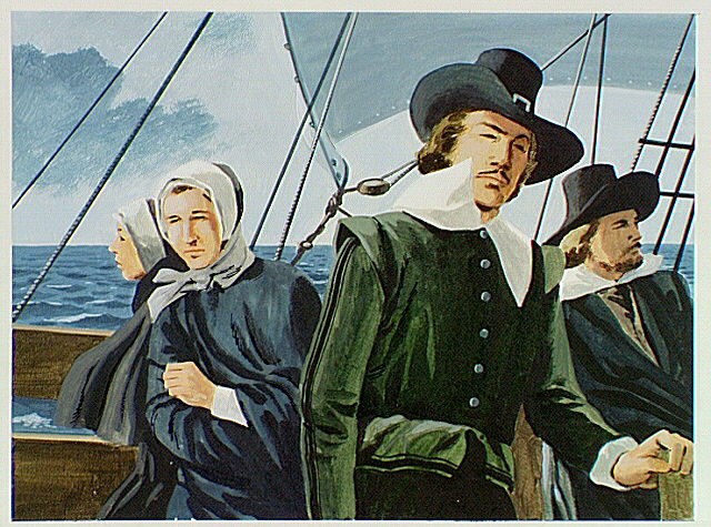 Two men in black hats and collared shirts with two women in black clothing and bonnets on a boat.
