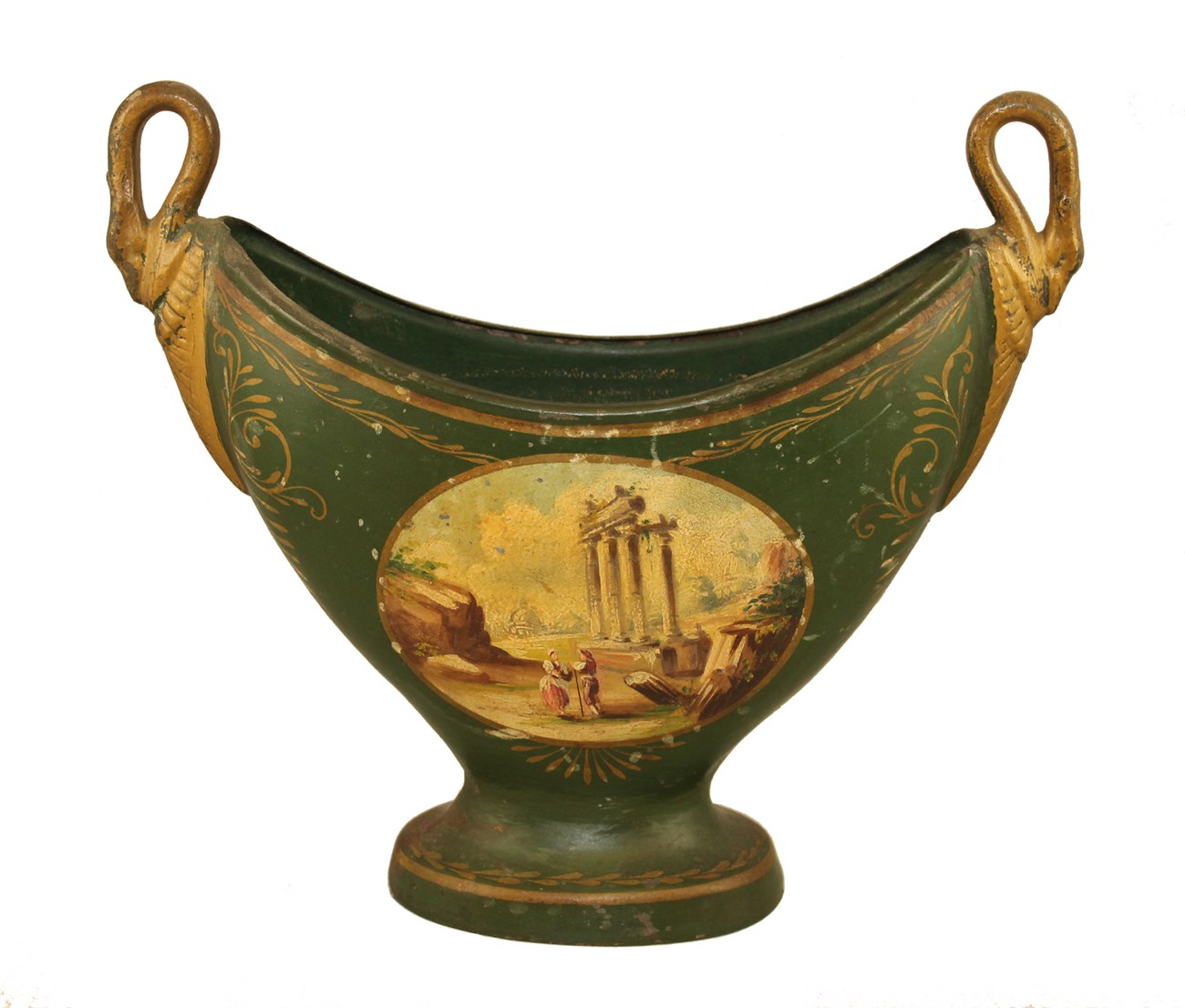 Green metal urn with wide flare, gold handles, and painted scene on side