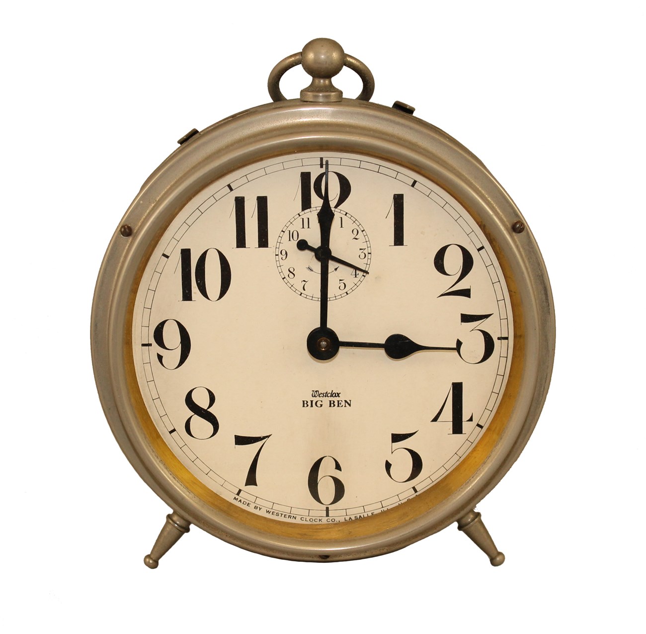 Clock with Arabic numerals on face set to 3:00, with small dial under 12 repeating 1 to 12 with single hand