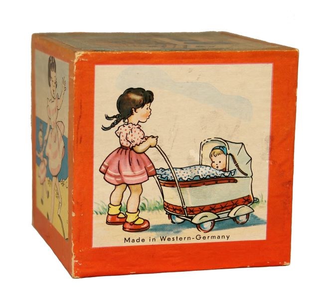 square block with red edges, illustration of girl pushing baby carriage