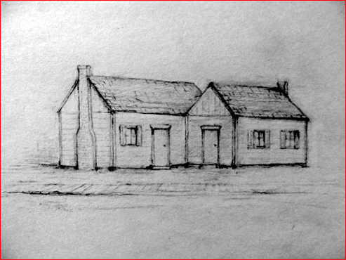 A black and white sketch of two one-one story homes