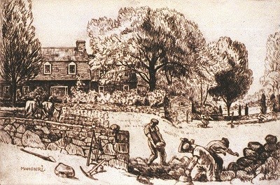A sketch of three men building a stone wall with a house in the background.