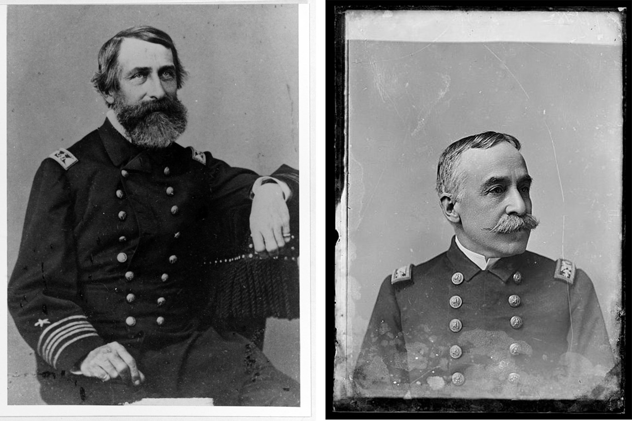 Two black and white portraits side by side of Navy Captains.