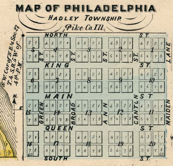 An atlas map on New Philadelphia a square shaped town with plots of land and streets labeled and highlighted in blue.