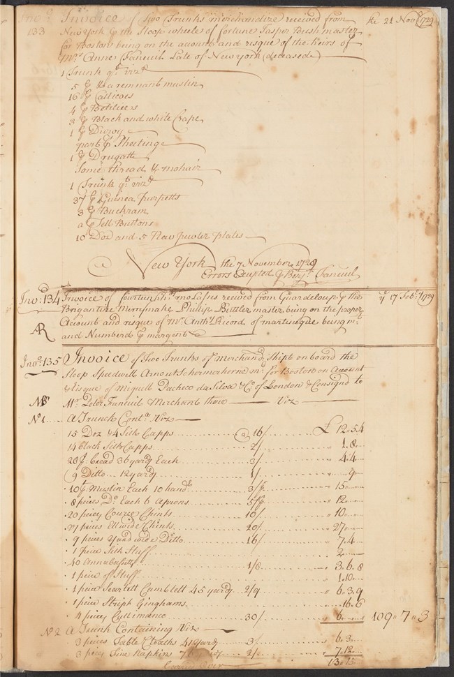 Yellowed paper with notes listing items of an invoice in fine cursive writing