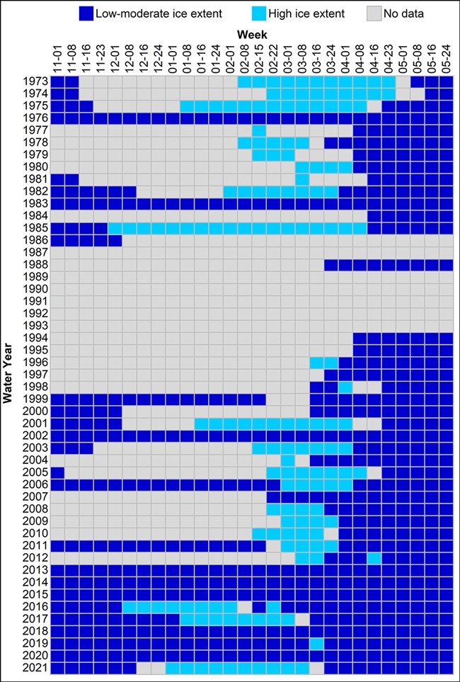 A matrix showing ice extent by month and year.