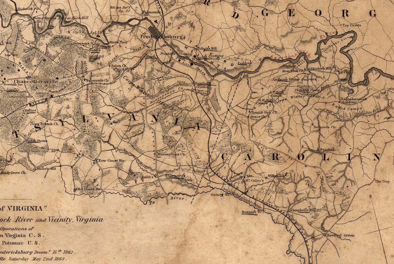 A yellowed map of area south of the Rappahannock River showing Chancellorsville to Guinea Station.