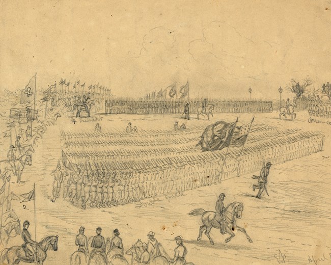 Pencil sketch of Civil War troops marching in parade.