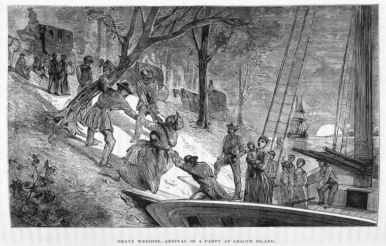 Lithograph drawing of enslaved African American freedom seekers embarking on a ship.