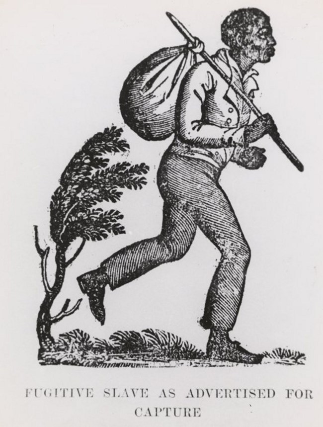 Lithograph drawing of an eslaved man carrying a pouch and attempting to run away to freedom.