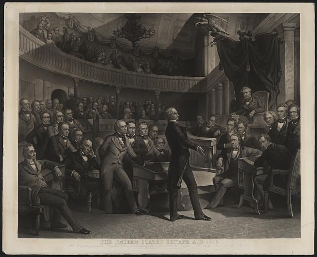 Ink illustration of Henry Clay giving a speech in the Old Senate Chamber in Washington D.C.
