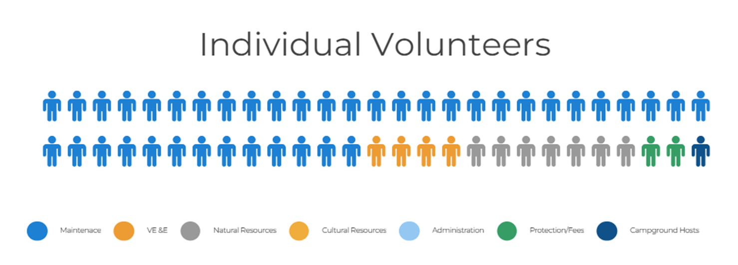 A graph titled "individual volunteers" with two rows of minimalist stick figures representing a certain percentage of volunteers. Maintenance, depicted in blue, holds the greatest percentage of individual volunteers at about 75%.