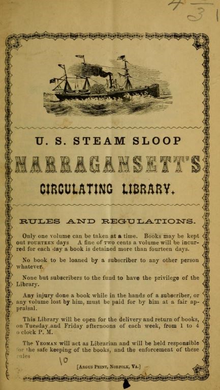 The title page of the library catalogue aboard the USS Narragansett