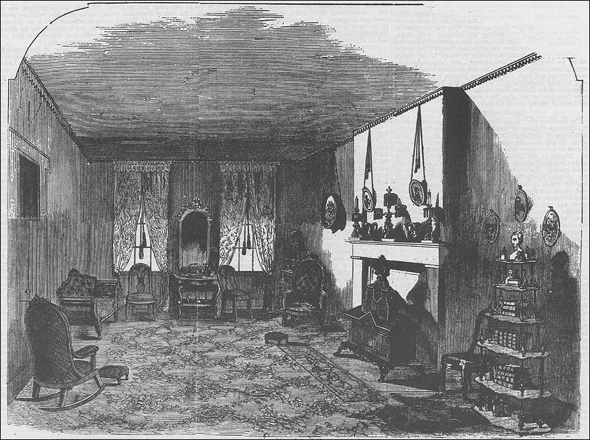 Illustration of the Lincoln's front parlor, 1860 with furniture and fireplace. (Courtesy Lincoln Home National Historic)