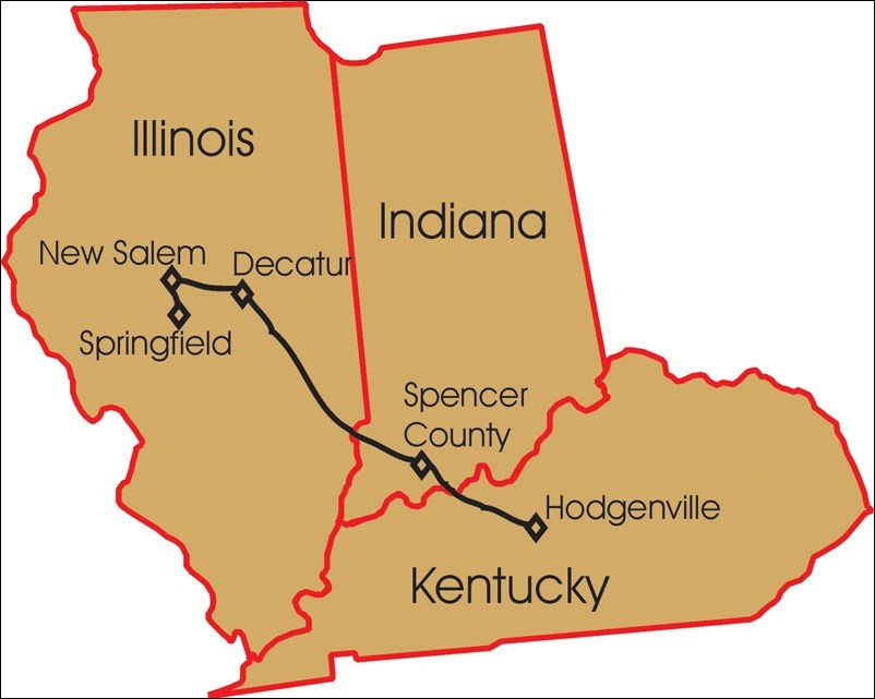 Map of Illinois, Indiana, and Kentucky, showing where Abraham Lincoln lived prior to his presidency. Courtesy Lincoln Home National Historic Site.