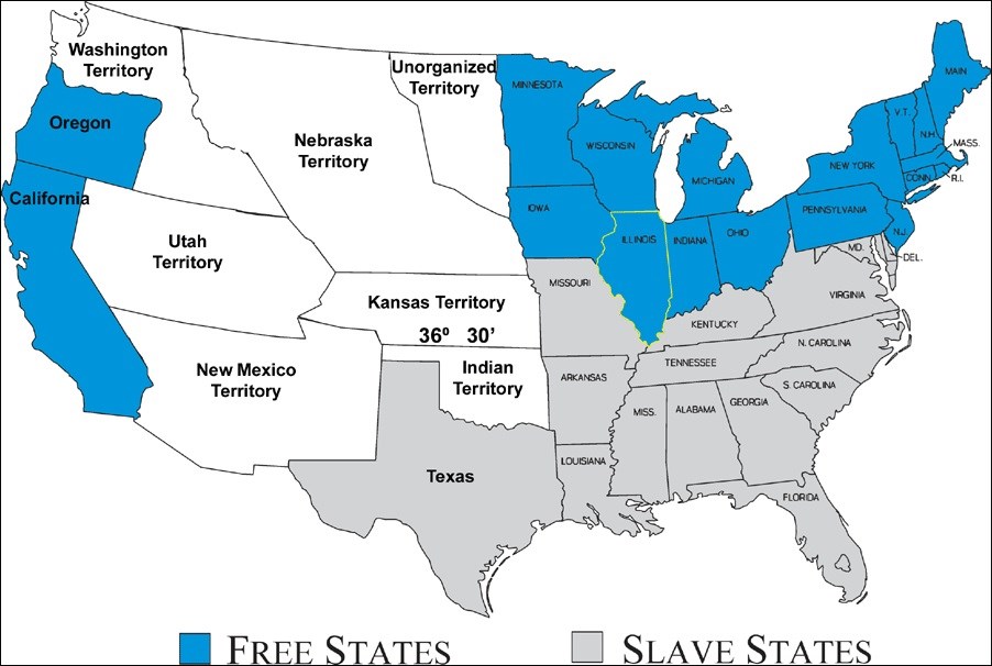 Map of save and free states in U.S. in 1860.(Courtesy Lincoln Home National Historic Site)