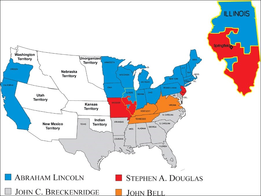 Map of 1860 presidential election results by state.(Courtesy Lincoln Home National Historic Site.)