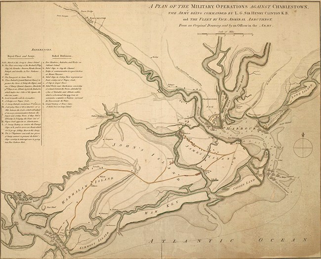 Map of the British plan of attack on Charleston, showing American defenses and British ships and forces