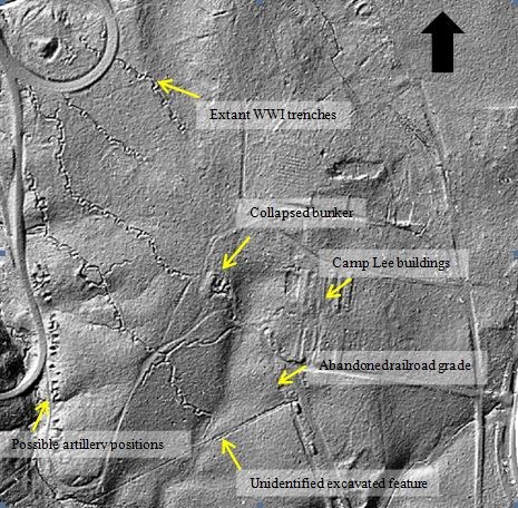 Black and white topographic image showing World War I trenches at Petersburg National Battlefield. Created using a laser scanning technique called lidar.