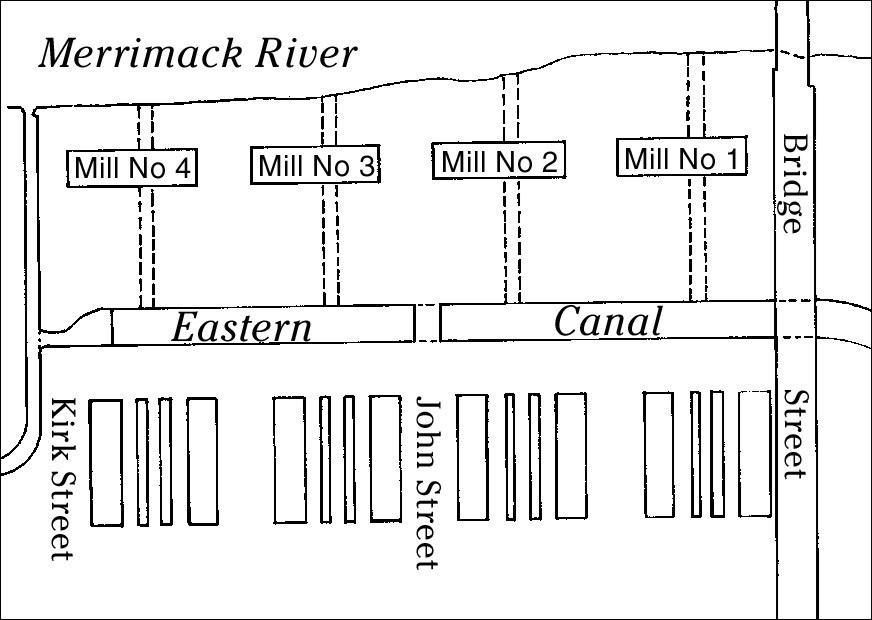 Drawing of the original plan of Boott millyard with mills along the Eastern Canal. (Lowell National Historical Park; Nicholas Wyman, Illustrator)