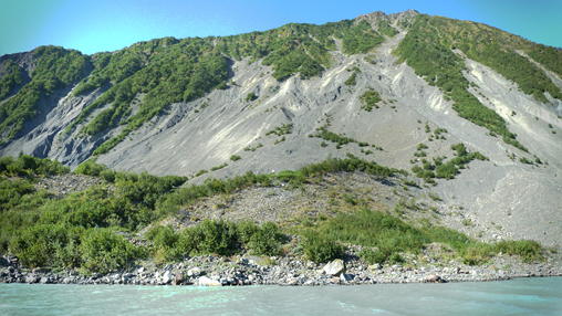 Steep slope with minimal vegetation and loose rock.