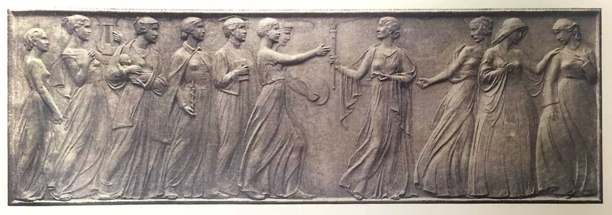 Bronze bas-relief depicting a procession of women through history