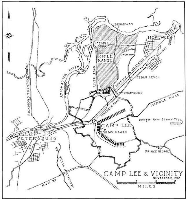 Black and white map showing Camp Lee near Petersburg, Virginia