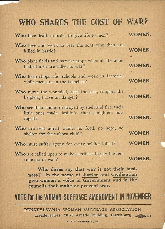 Yellowing flyer with questions affirming women should be allowed to vote
