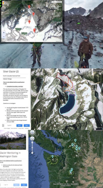 Different online maps with data points showing the movement of glaciers in Washington