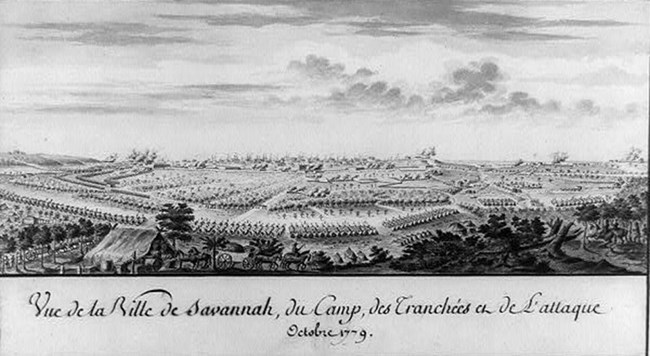View of French camp with tents arrayed and city of Savannah in background