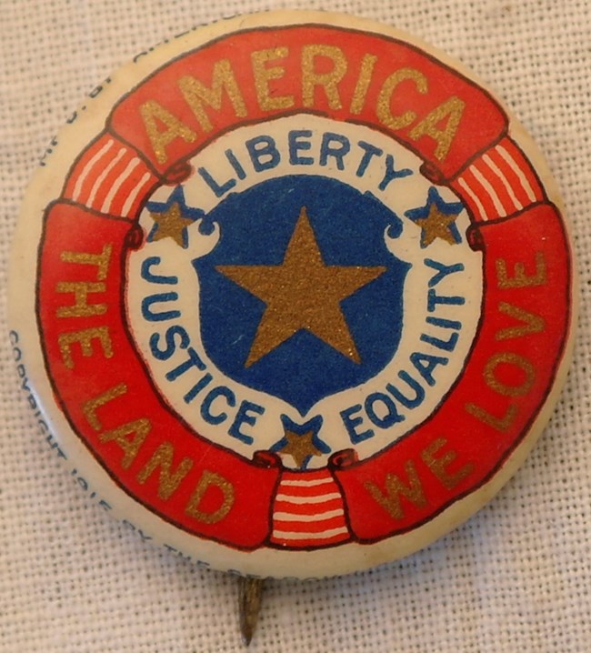 Pin with American flag decorations: America the Land we Love: Liberty, Justice, Equality"