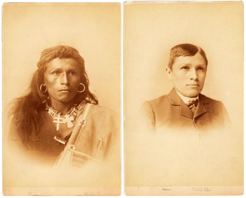 Portrait of a young man wearing traditional Native clothing and a portrait of a young man wearing Western clothing