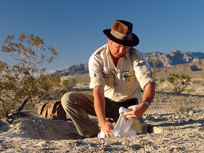 scientist working with fossils in the desert