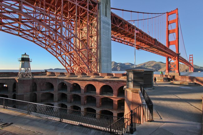 fort with golden gate bridge above