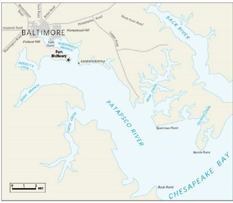 Map of Baltimore and harbor area, 1814. National Park Service.