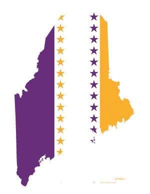 State of Maine overlaid with the purple, white, and gold suffrage flag