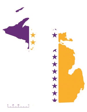 Michigan state overlaid with the purple, white, gold suffrage flag