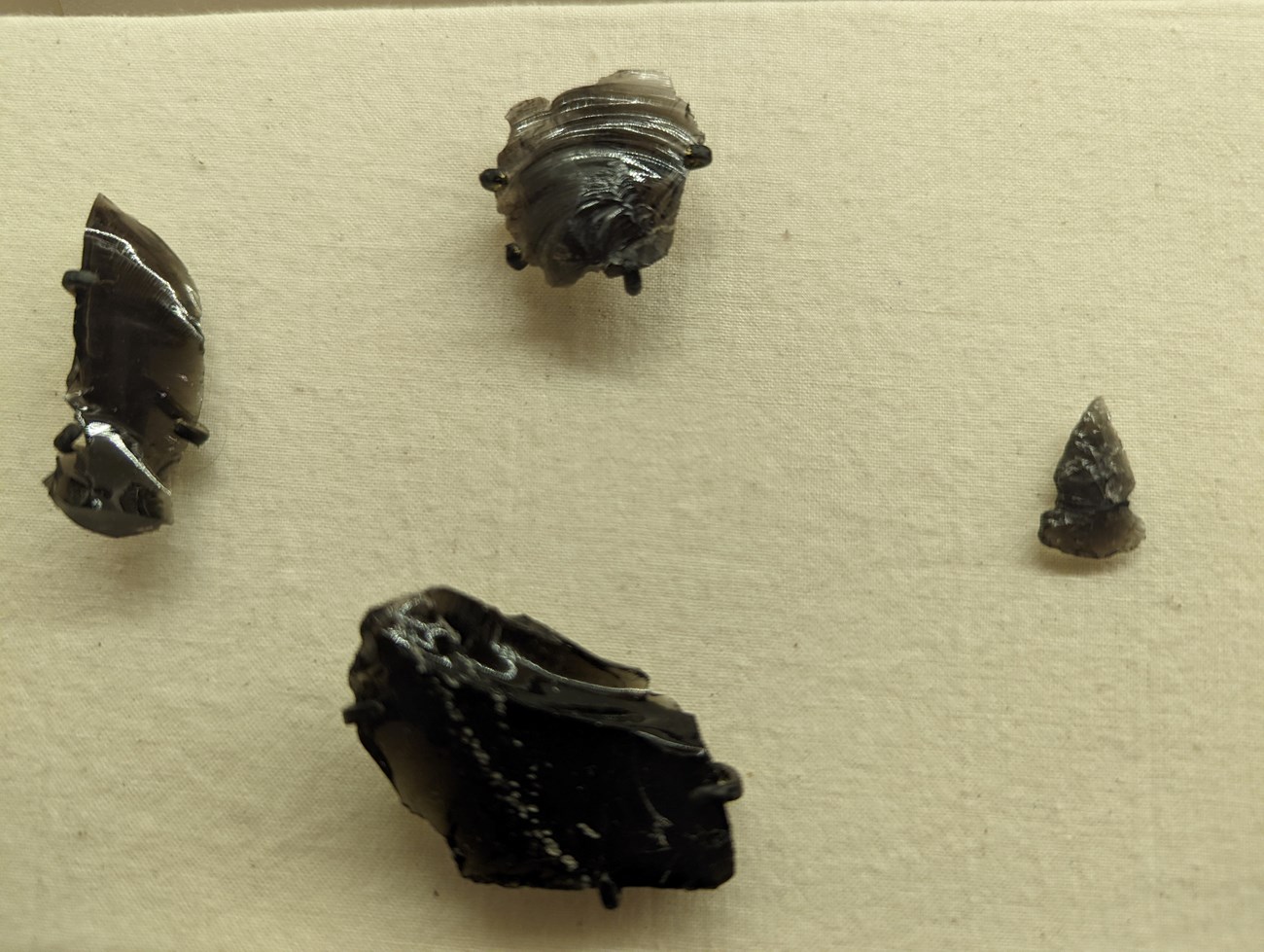 Obsidian fragments and spear point, on display at the Aztec Ruins museum.