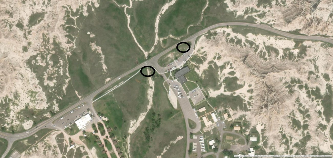 Map shows 1st Amendment areas in the grass island near the visitor center, and near the walkway that connects the visitor center and lodge