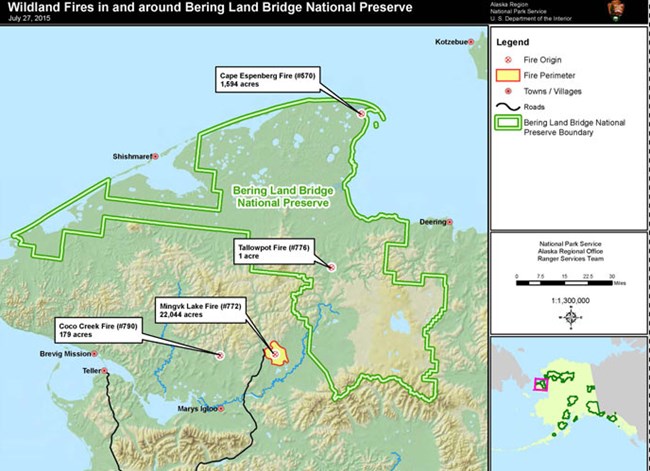 Map of wildland fires in and around Bering Land Bridge National Preserve